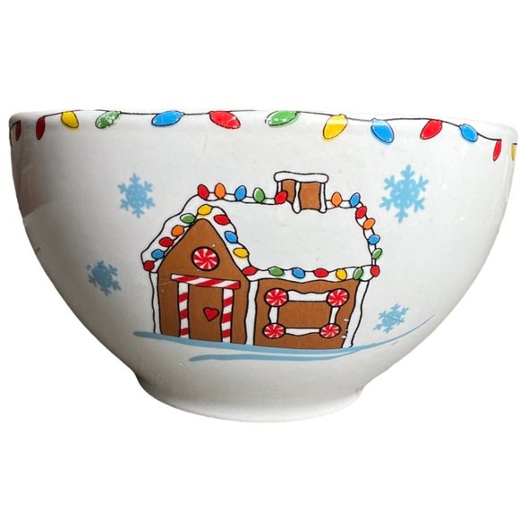 HOLIDAY BOWL Stoneware Gingerbread House People Christmas Lights Snowflakes Xmas - Picture 4 of 8